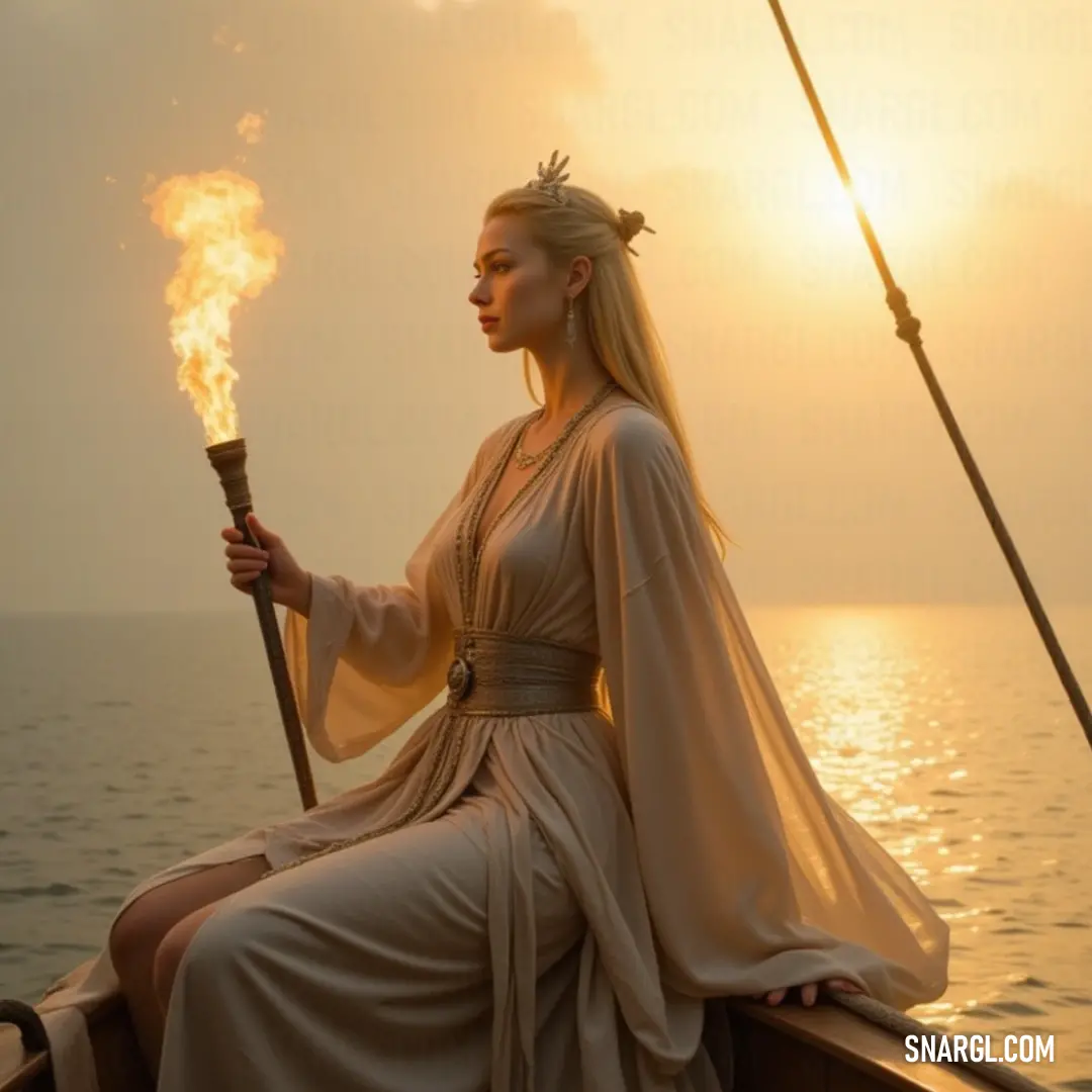 A serene woman dressed in a flowing long gown stands on a gentle boat, holding a flickering torch in her hand, gazing thoughtfully into the horizon where dreams await over a tranquil body of water.