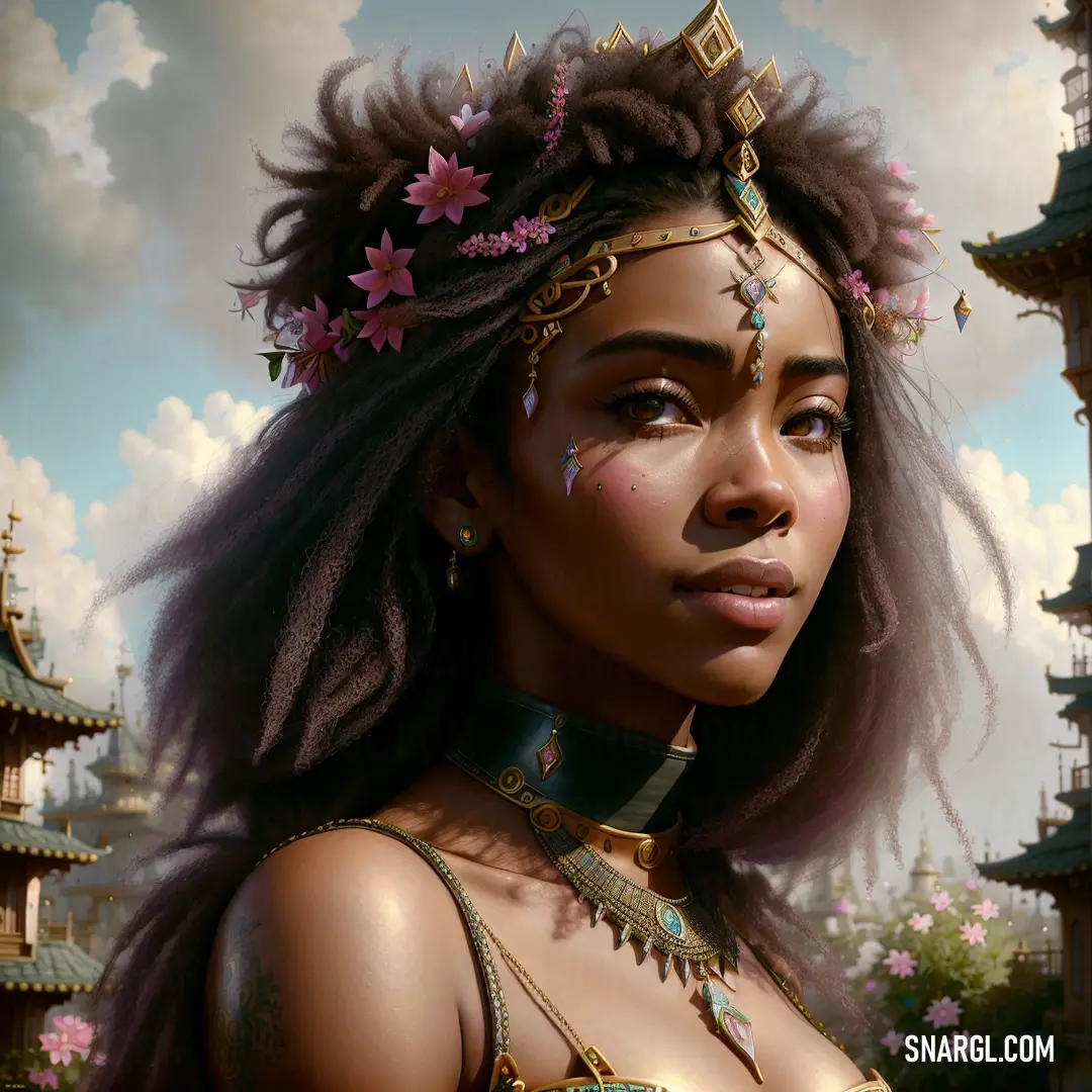 A woman adorned with a delicate headpiece and chain necklace, set against a sky filled with soft clouds. The harmonious blend of warm colors in the scene evokes a sense of serenity and timeless beauty.