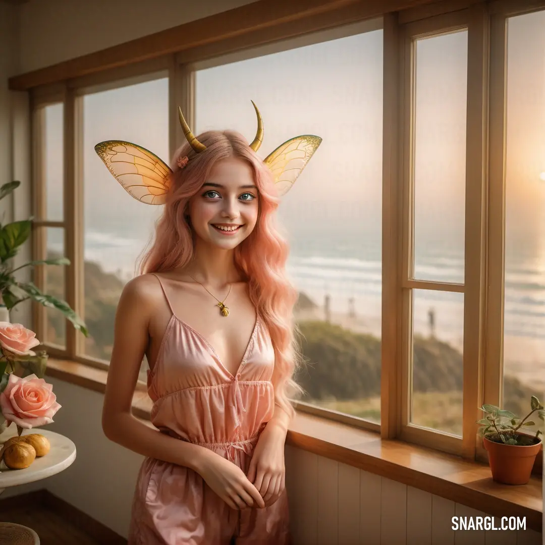 Woman with pink hair and a fairy costume standing in front of a window with a view of the ocean. Example of RGB 217,144,88 color.