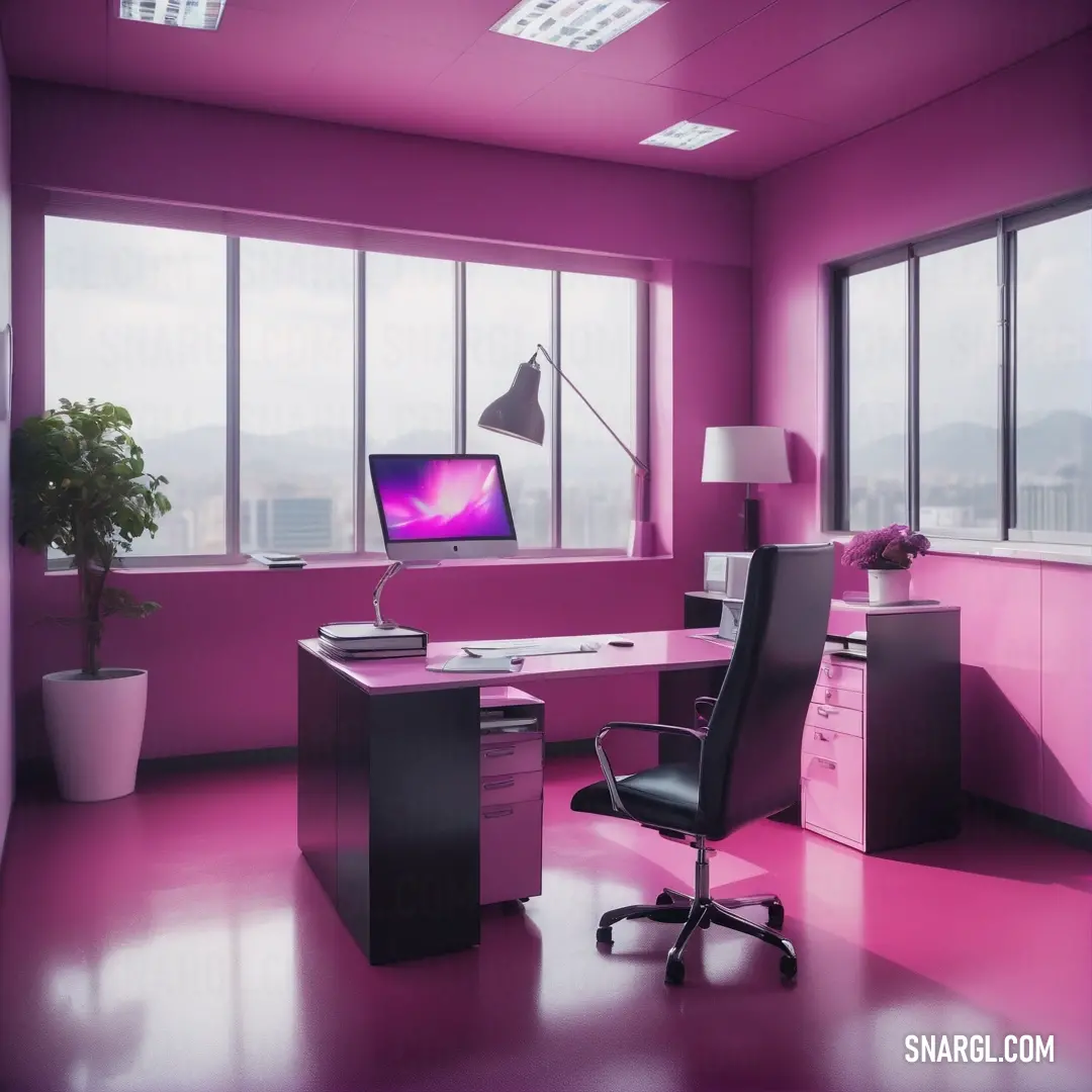 Desk with a computer on it in a room with pink walls and flooring and a window with a view of the city. Example of RGB 247,127,190 color.