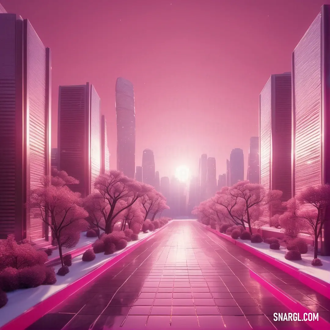 Persian pink color. Futuristic city with a pink sky and trees in the foreground