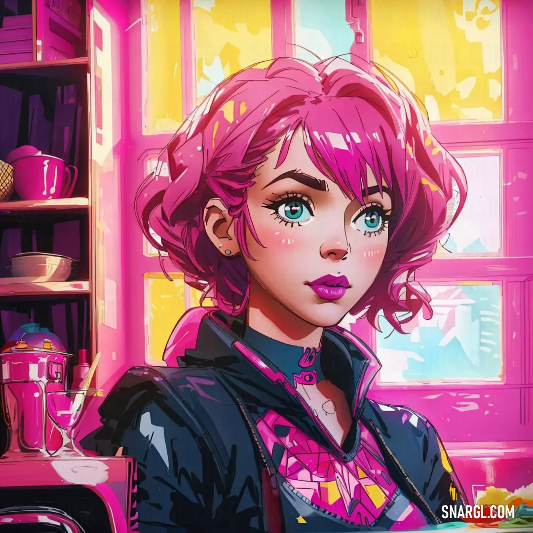 Girl with pink hair and blue eyes is standing in a pink room with a pink wall and shelves