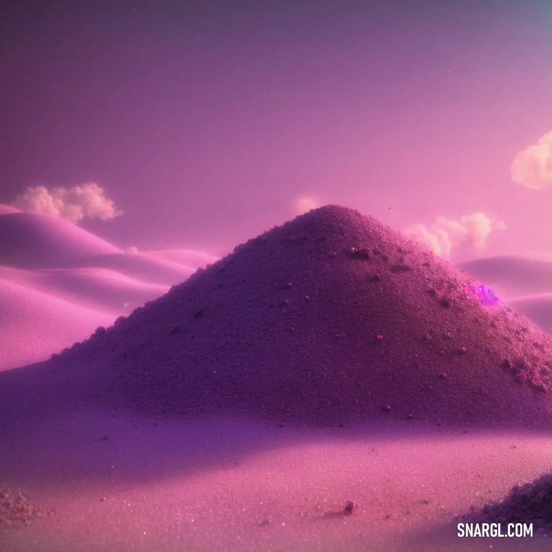 Mound of sand in the middle of a desert area with a purple sky in the background