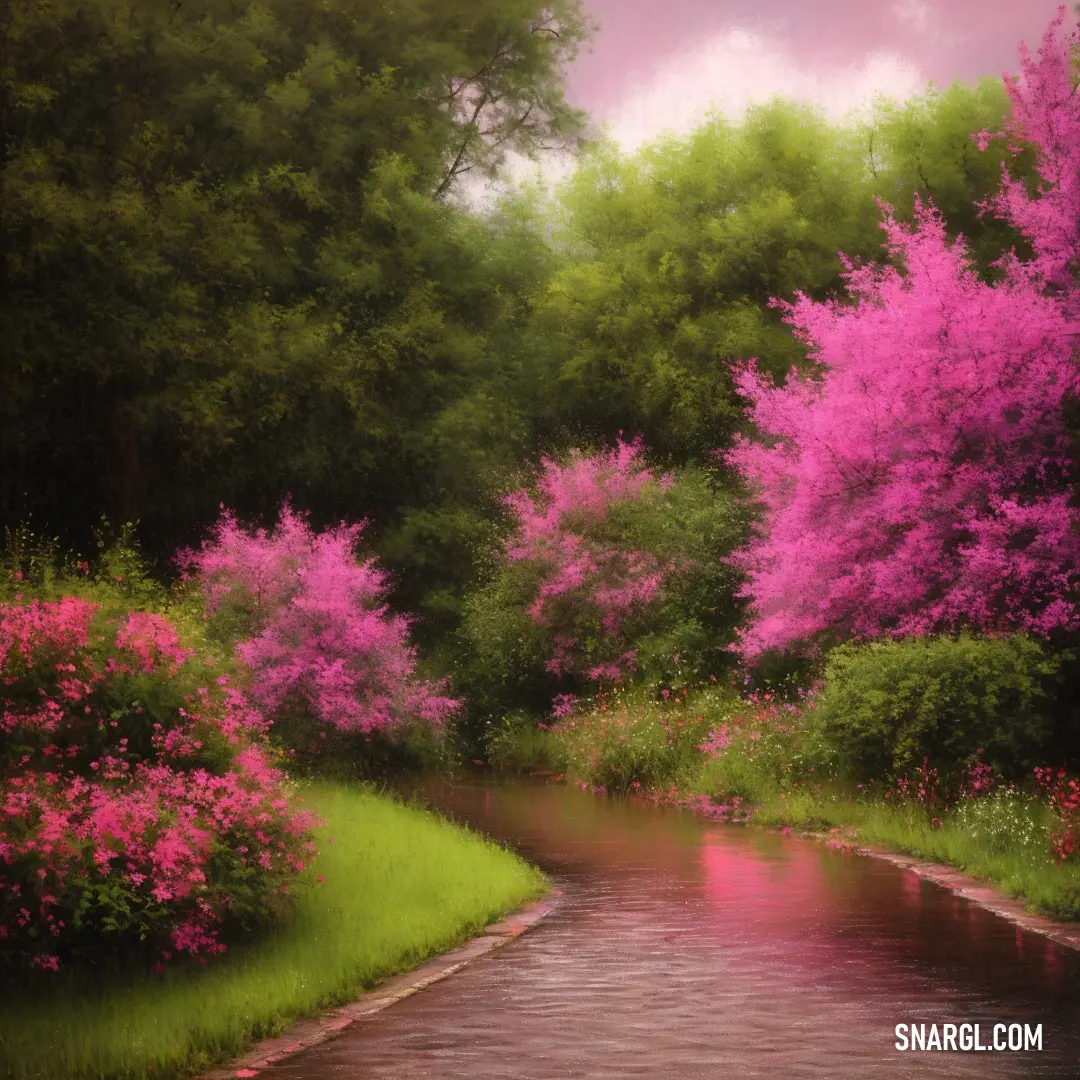 Painting of a river surrounded by trees and flowers in the background. Example of CMYK 0,49,23,3 color.