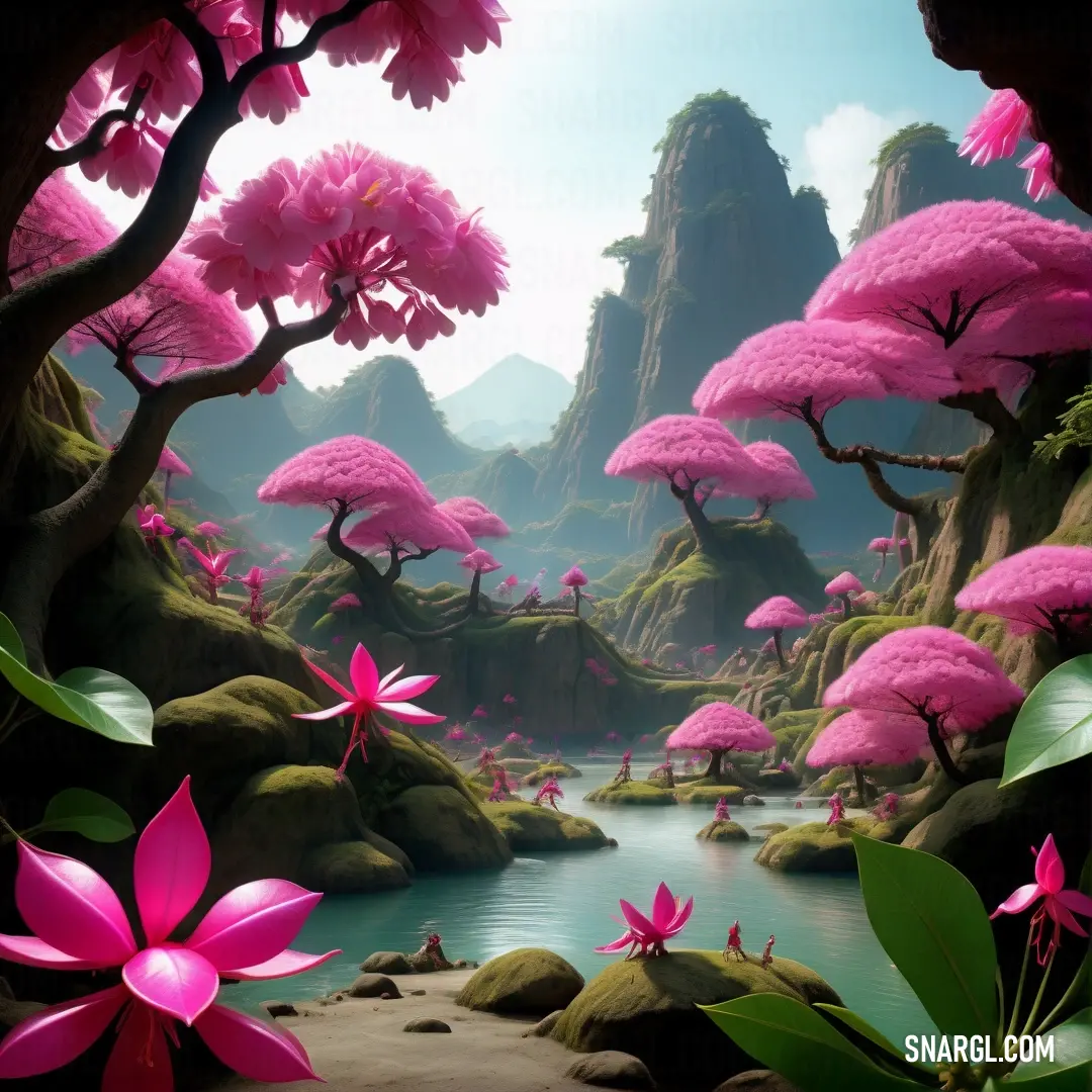 Painting of a river with pink flowers and rocks in the background. Color RGB 247,127,190.