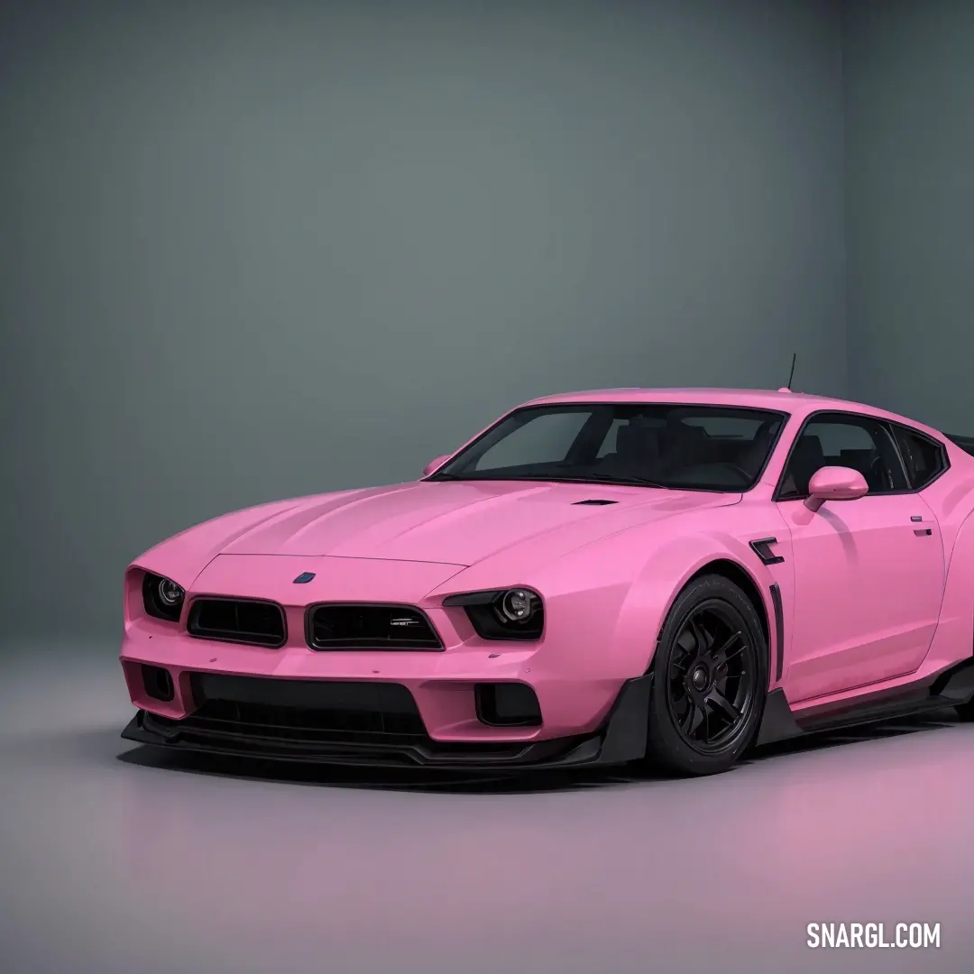 Pink car is parked in a room with a gray wall and flooring and a black rim around the rim. Color #F77FBE.