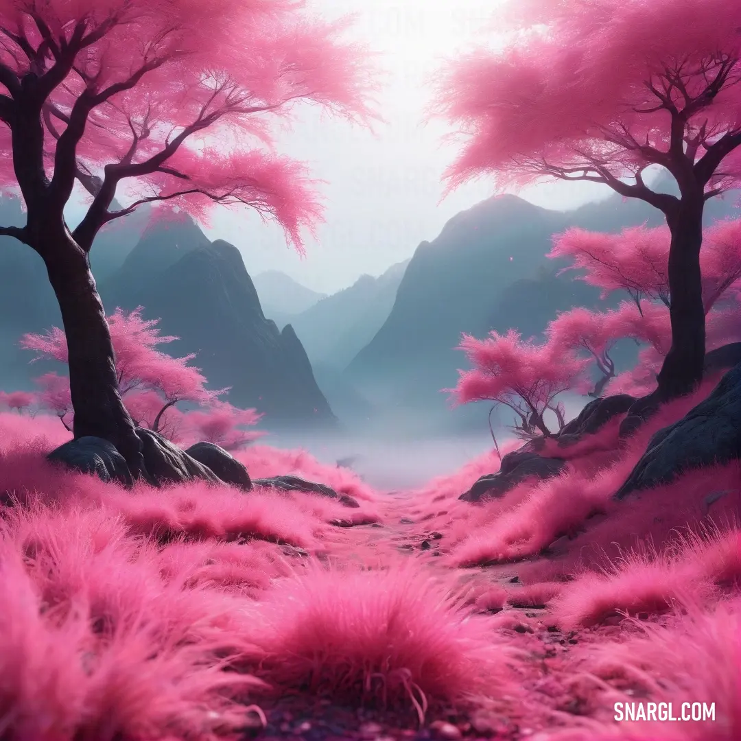 Pink landscape with trees and grass in the foreground. Color RGB 247,127,190.