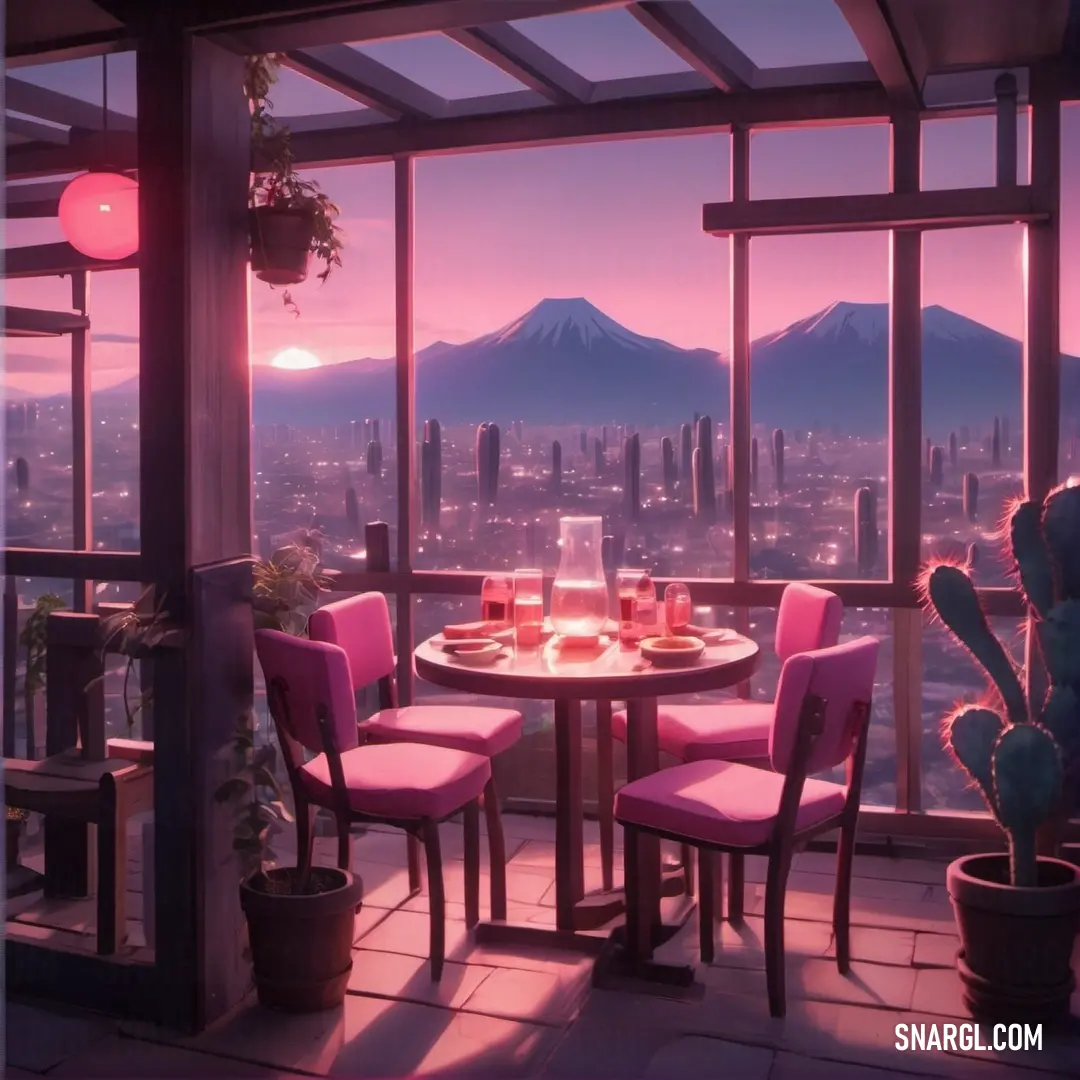 Persian pink color example: Table with a view of a city at sunset with a view of the mountains and a cactus in the foreground
