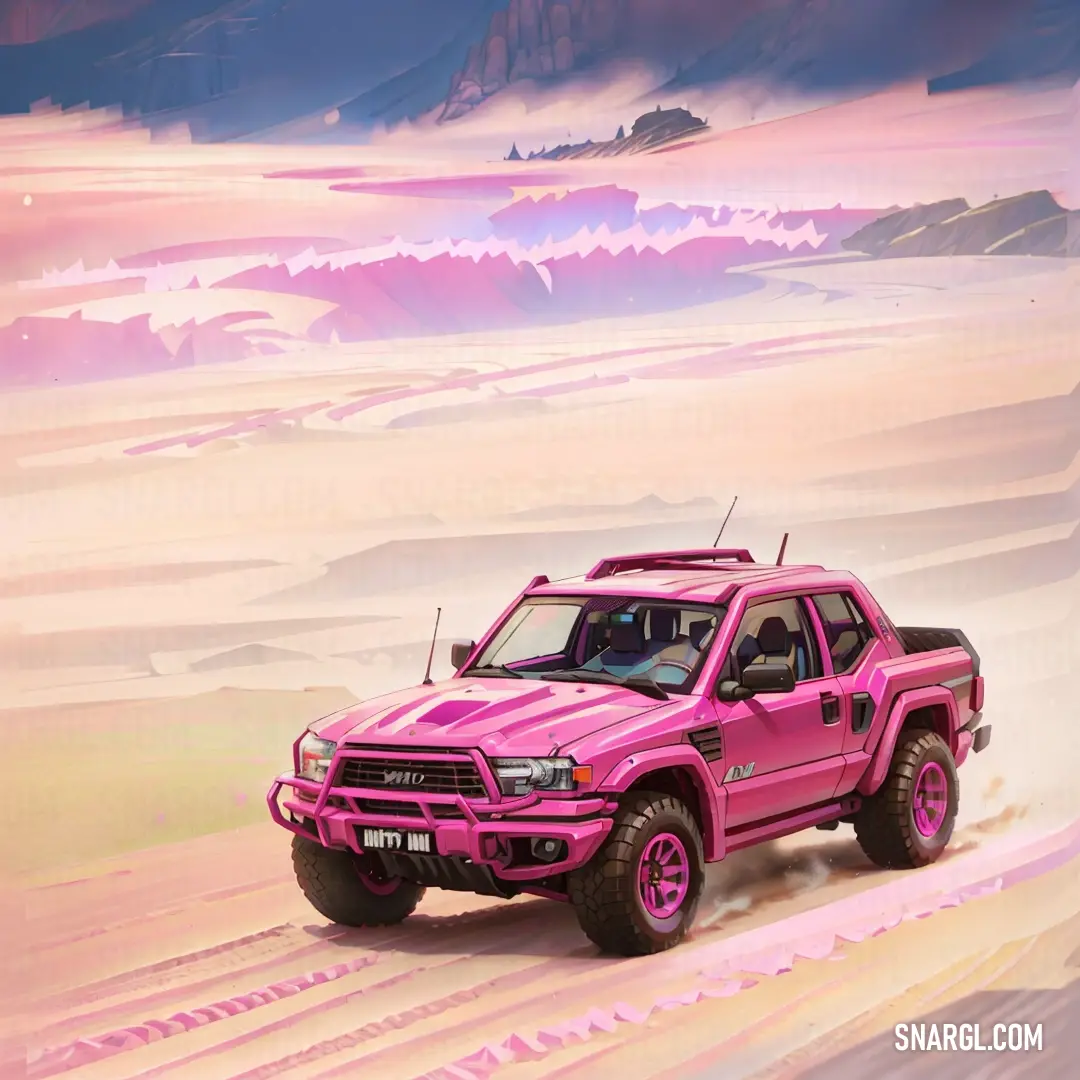 Pink truck driving through a desert landscape with mountains in the background and clouds in the sky above it
