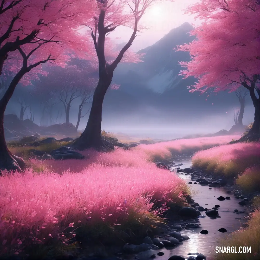 Persian pink color example: Stream running through a lush pink forest filled with trees and flowers