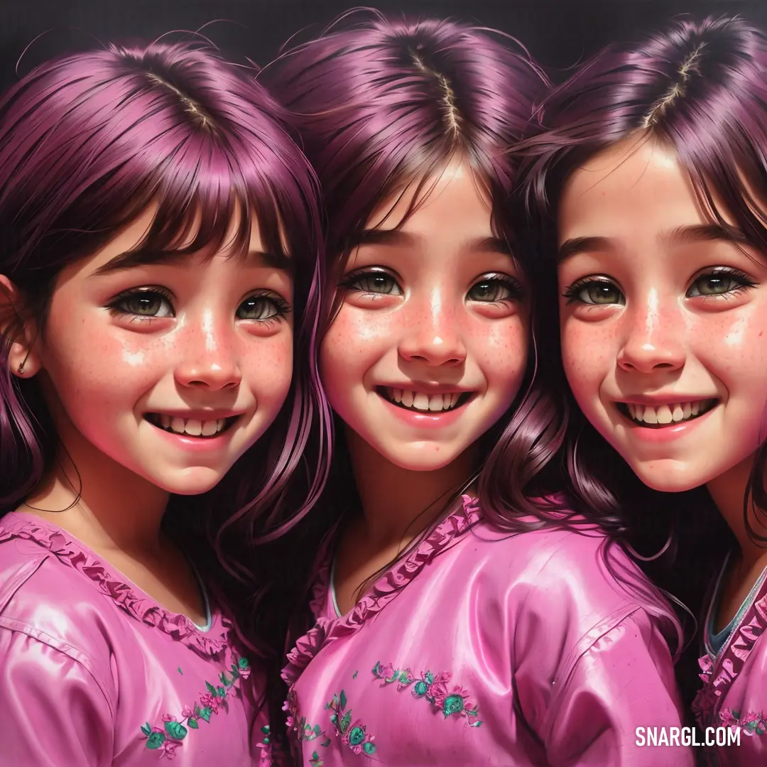 Three girls in pink dresses are smiling for the camera with their hair in a pony tail style and their eyes closed