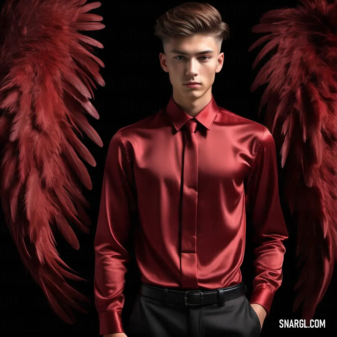Man with a red shirt and red wings on his shirt is standing in front of a black background. Example of #701C1C color.