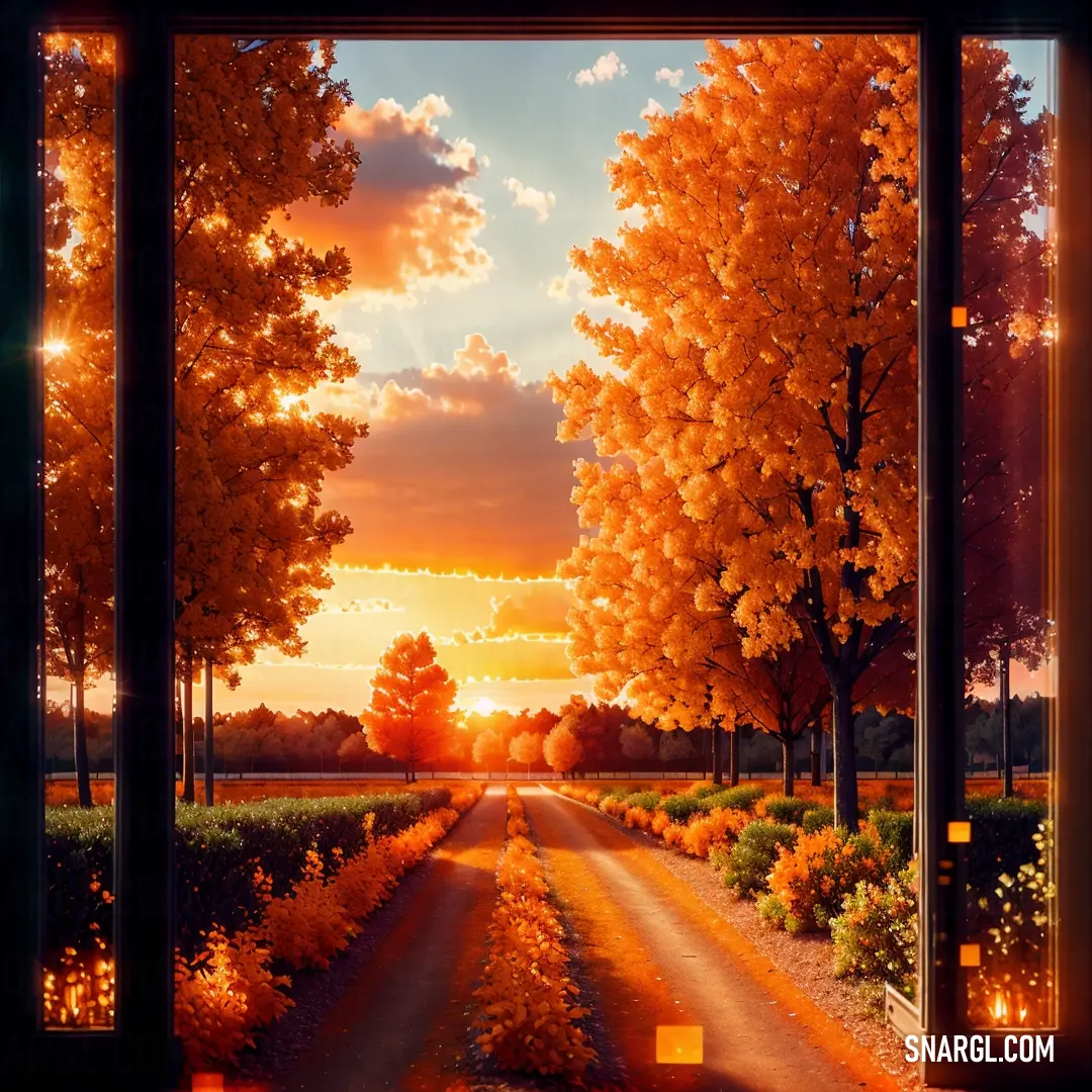 Window view of a sunset and a road with trees and flowers in the foreground and a path leading to the right