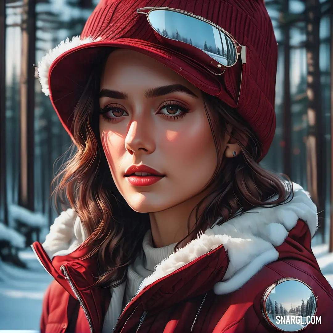 Woman wearing a red hat and a red jacket in the snow with a red jacket. Color #701C1C.