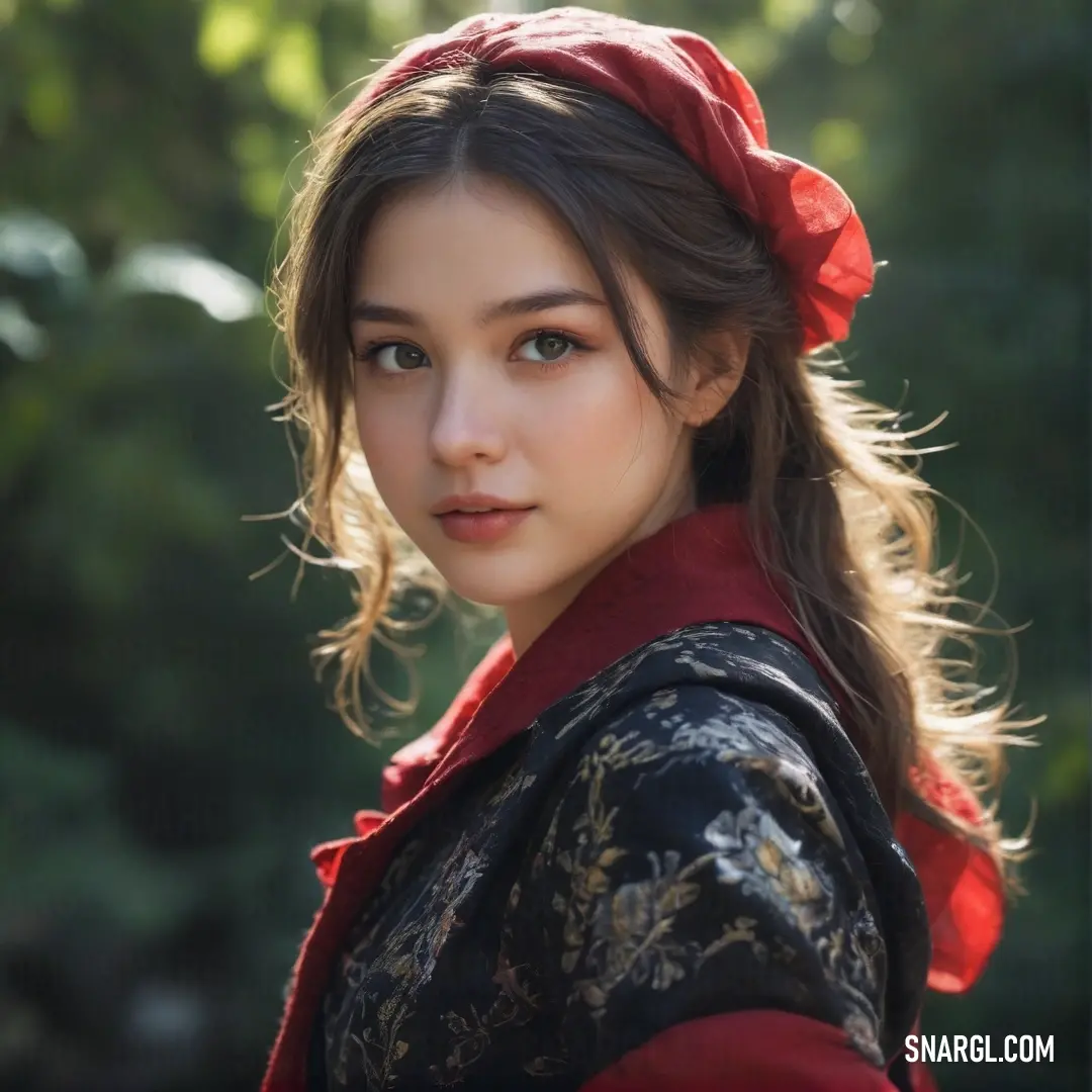 Persian plum color. Woman with a red headband and a red dress on her head and a tree in the background