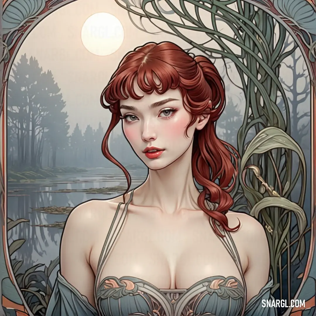 Woman with red hair and a bra is in a frame with a lake and trees in the background. Color #701C1C.