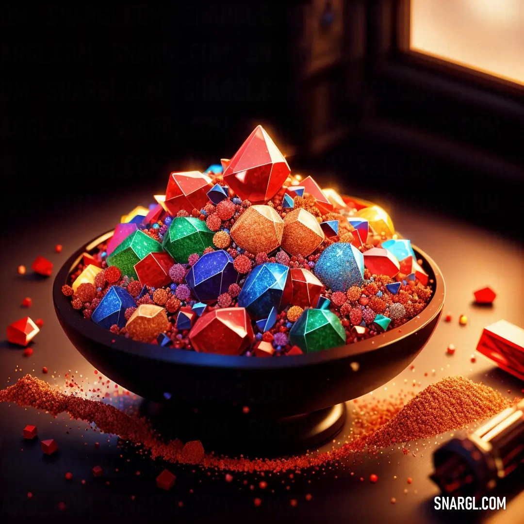 Bowl of colorful rocks and glitter on a table next to a window