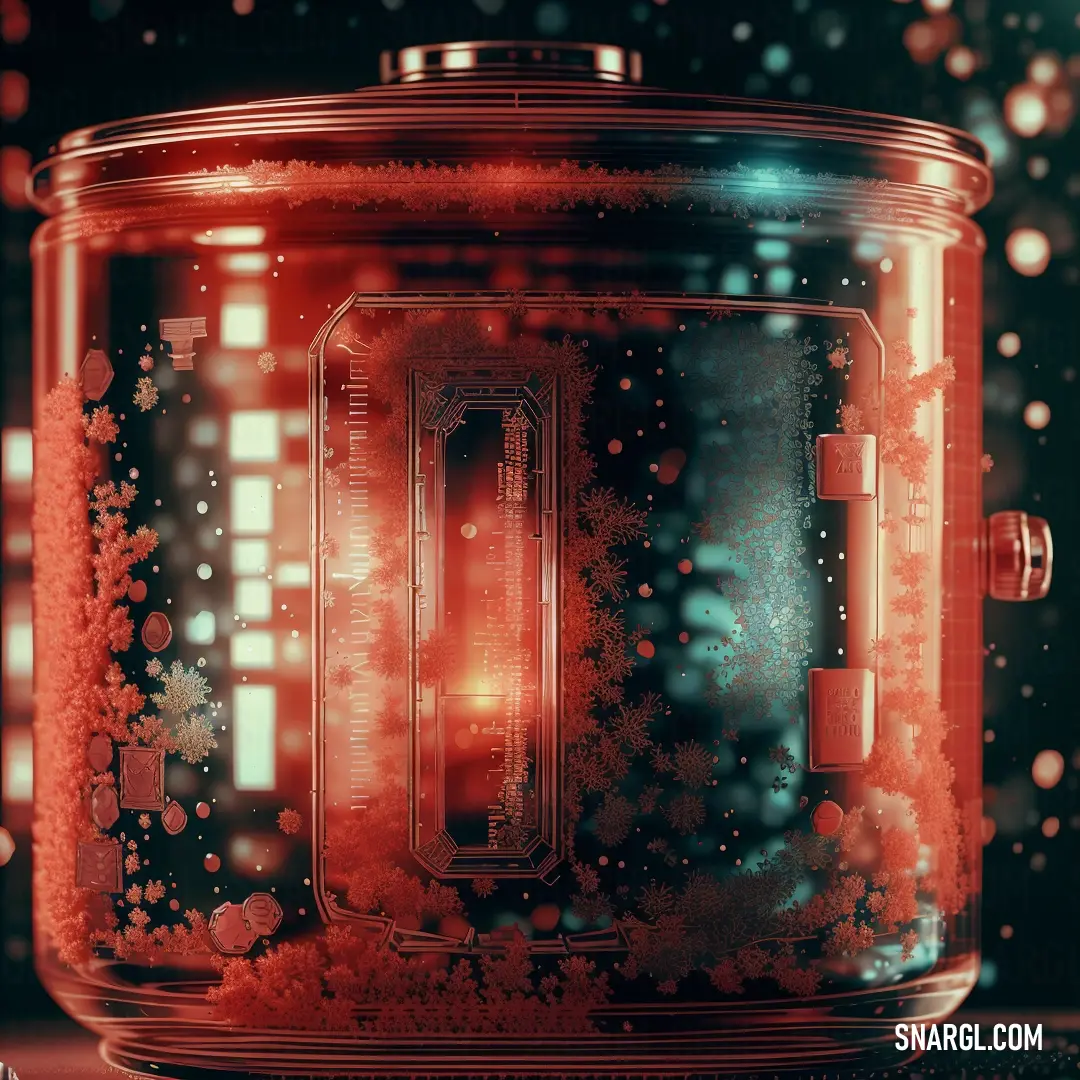 Jar with a red light inside of it on a table with snowflakes on it and a black background