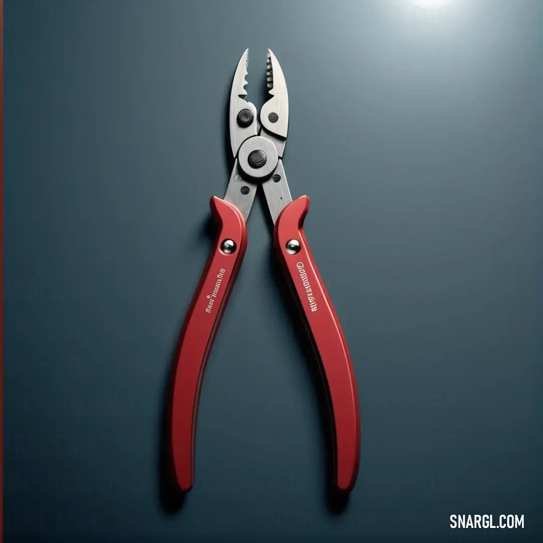 Pair of red handled pliers on a blue background. Color Persian red.
