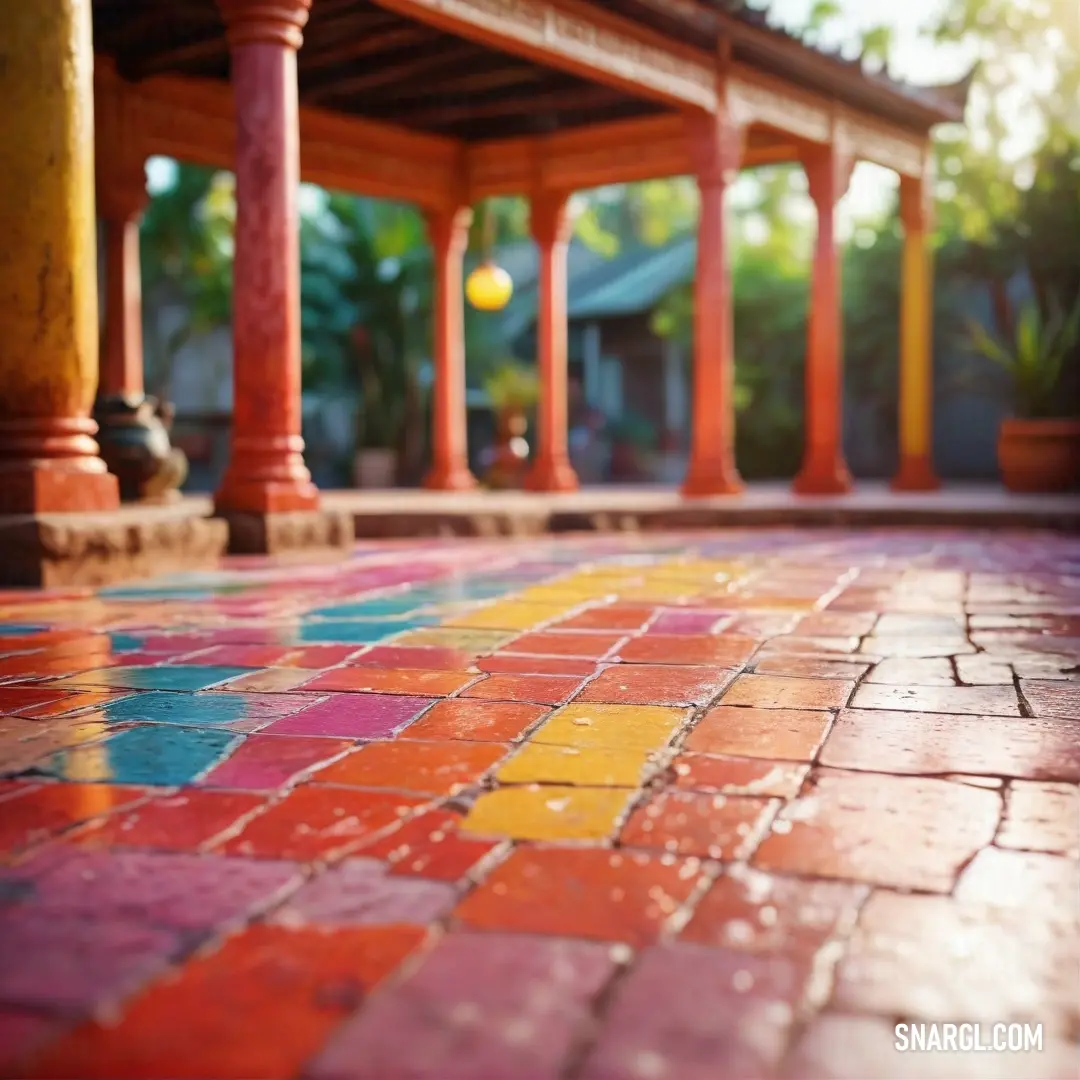 Colorful walkway with columns and a tiled floor in the middle of it with a potted plant in the background. Example of RGB 204,51,51 color.