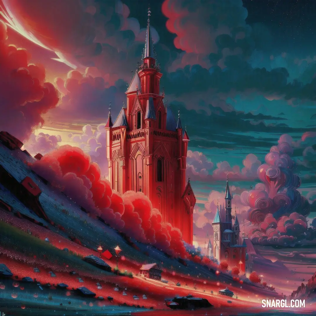 Painting of a castle with a sky background. Example of Persian red color.