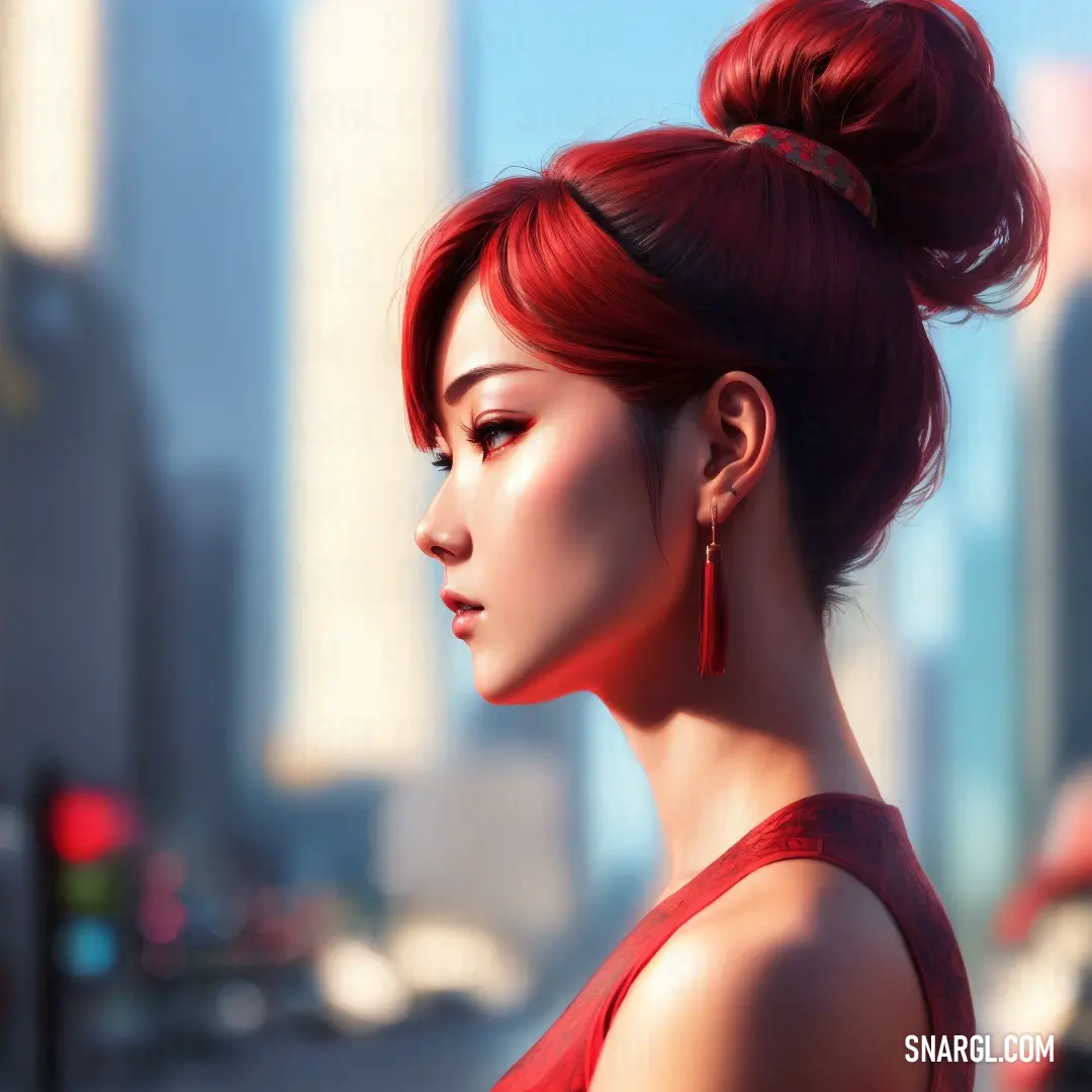 Persian red color. Woman with red hair and a bun in a city setting with skyscrapers in the background