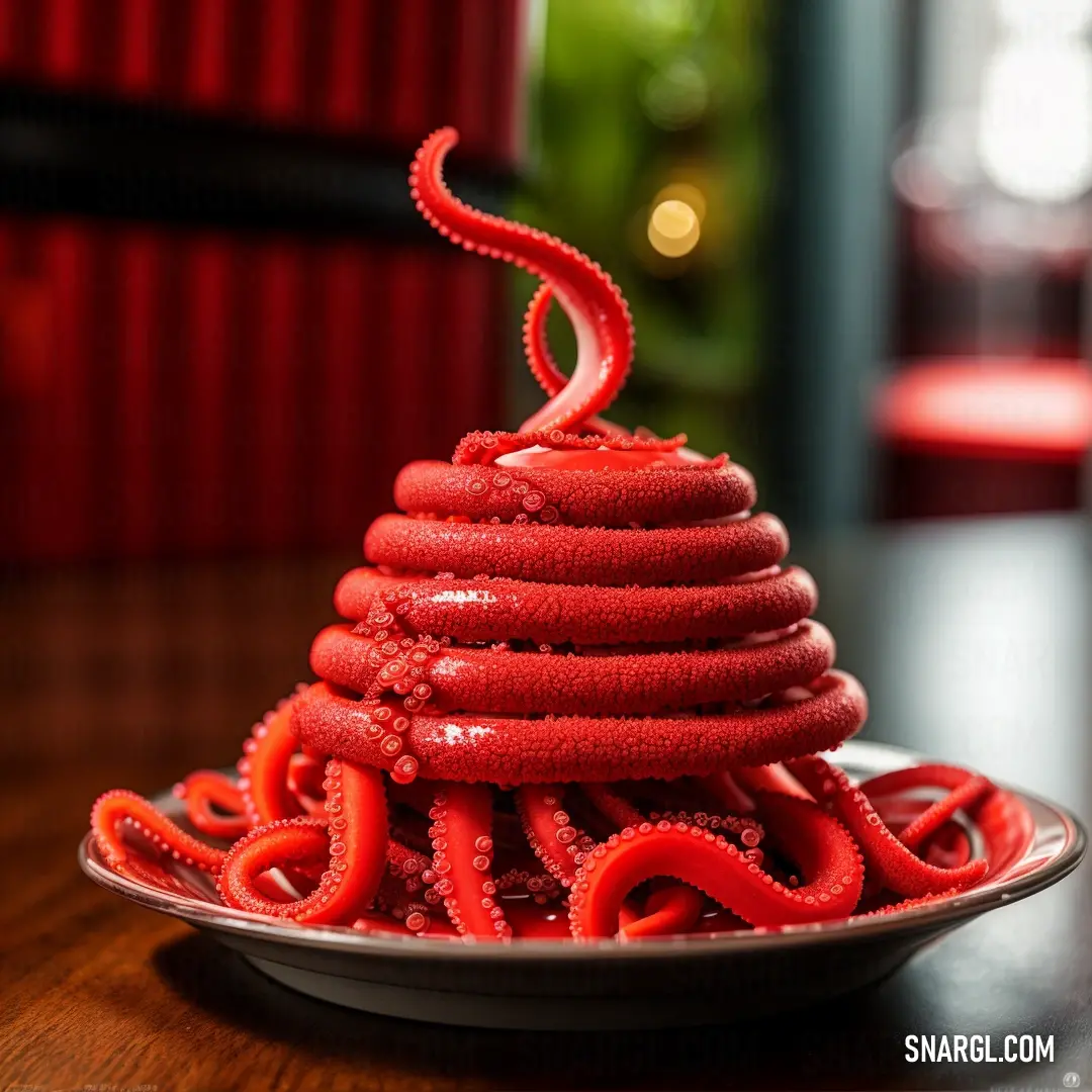 Plate of red cake with a red spiral on top of it on a table in a restaurant or restaurant
