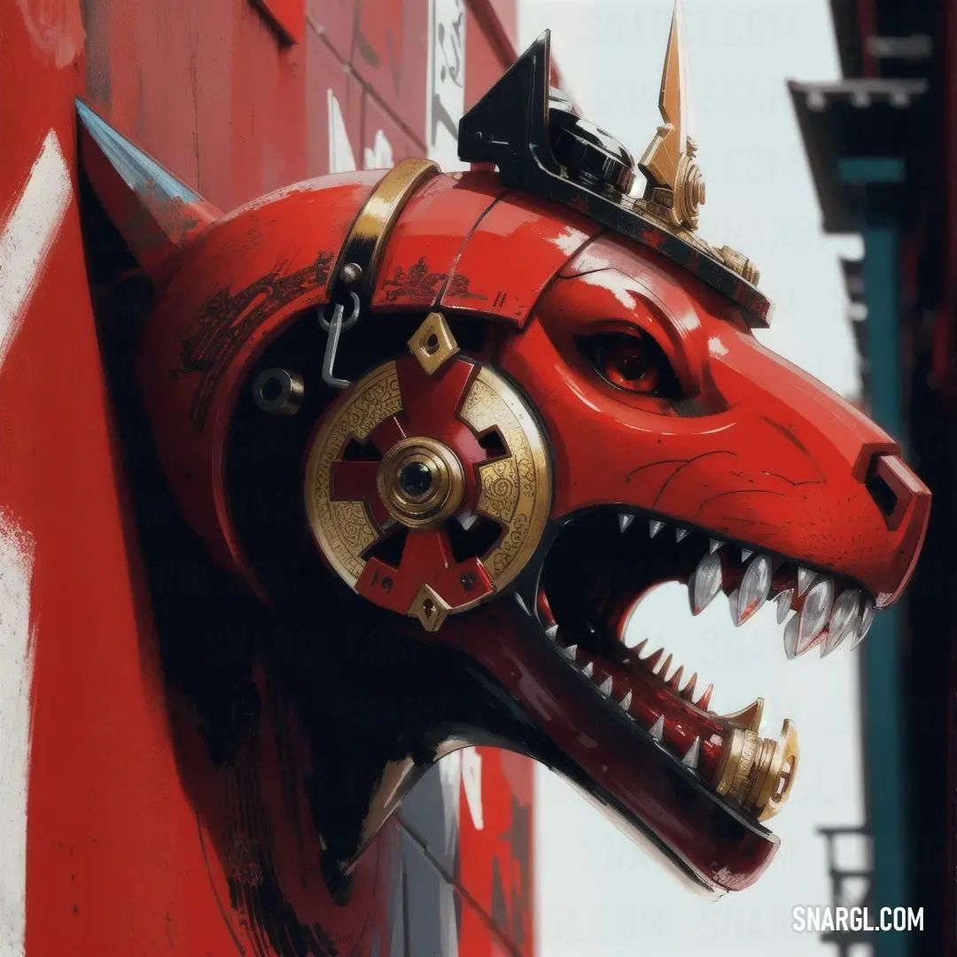 Red dragon head with a clock on it's face and a crown on its head