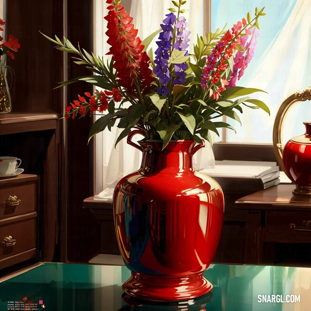 Vase with flowers in it on a table next to a window with a curtain behind it and a tea kettle