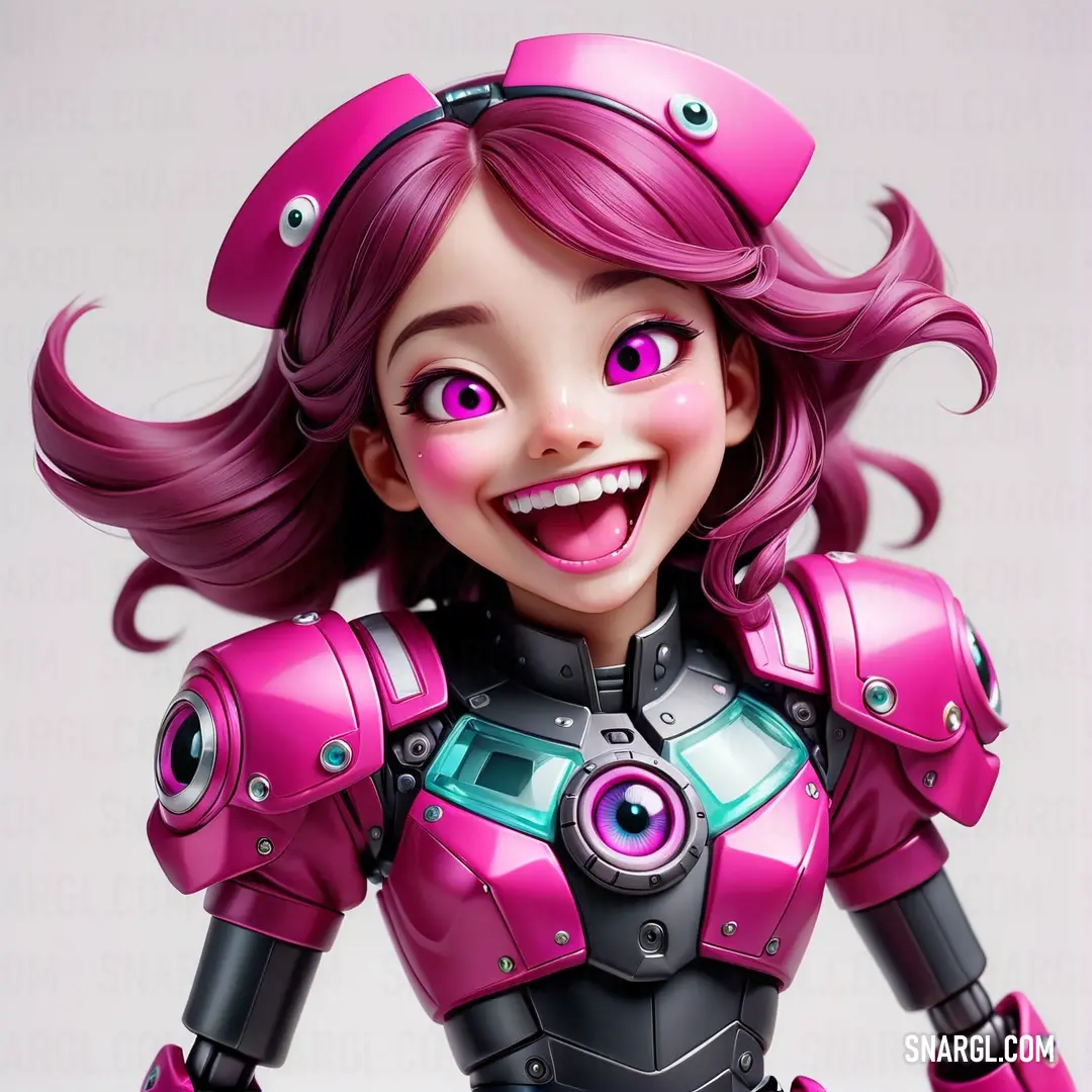Cartoon character with pink hair and a pink helmet on her head and a pink hair and eyes. Example of Persian rose color.