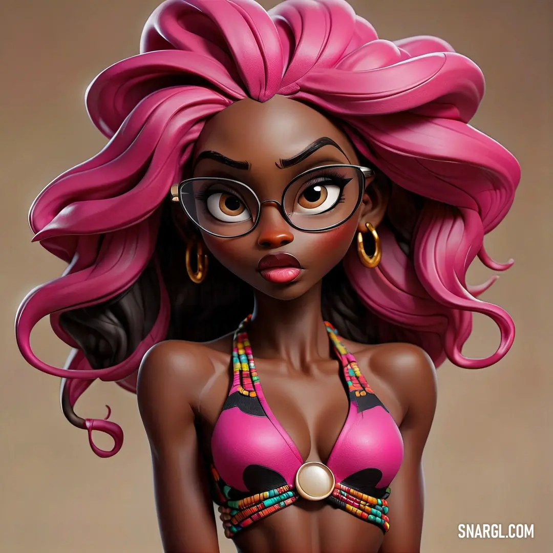 Persian rose color example: Cartoon girl with pink hair and glasses wearing a bikini top and gold earrings and a pair of glasses