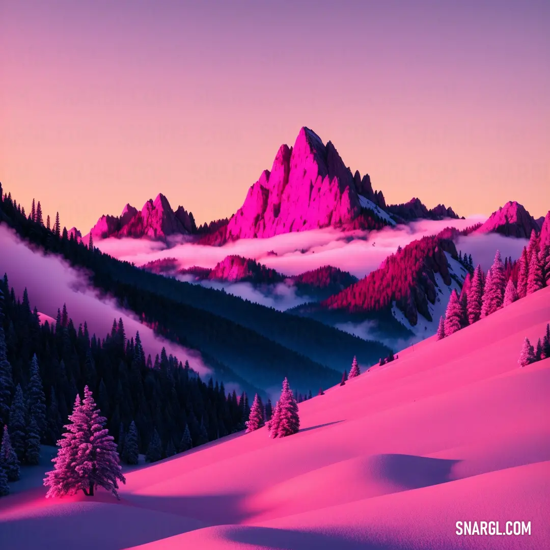 Mountain covered in snow with a pink sky and clouds above it and trees in the foreground