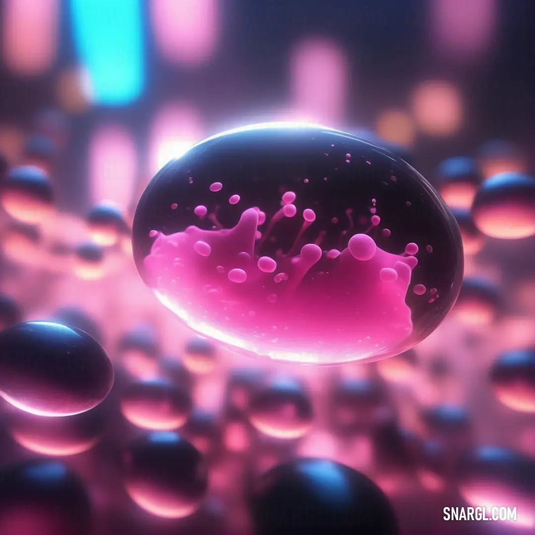 Persian rose color. Pink substance floating in a purple liquid filled with bubbles and bubbles of water on a black background