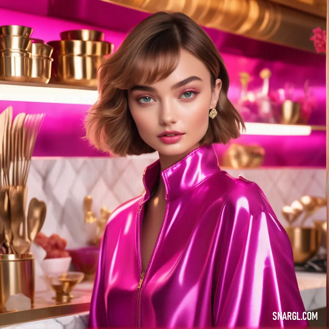 Woman in a pink jacket standing in front of a shelf of goldware and utensils in a kitchen. Color #FE28A2.