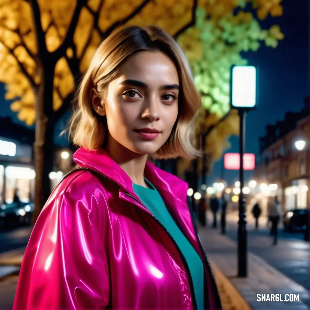 Woman in a pink jacket is standing on a sidewalk at night with a tree in the background. Color #FE28A2.