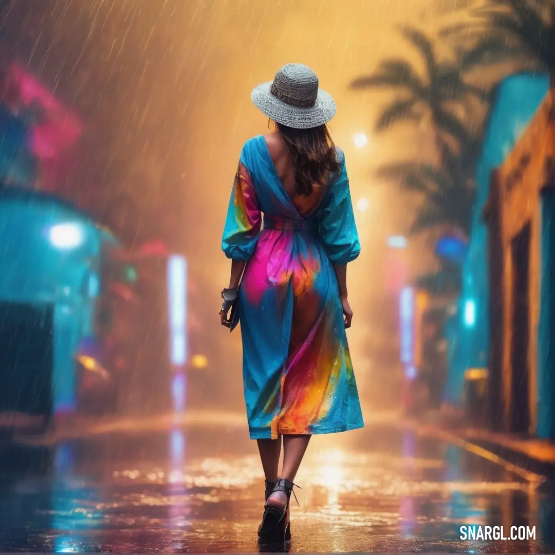 Woman walking down a street in the rain wearing a colorful dress and hat with a blue umbrella over her head. Color RGB 254,40,162.