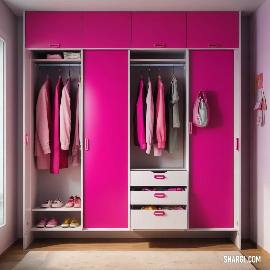 Pink and white closet with a lot of clothes hanging on it's doors and a pair of shoes on the floor. Color RGB 254,40,162.