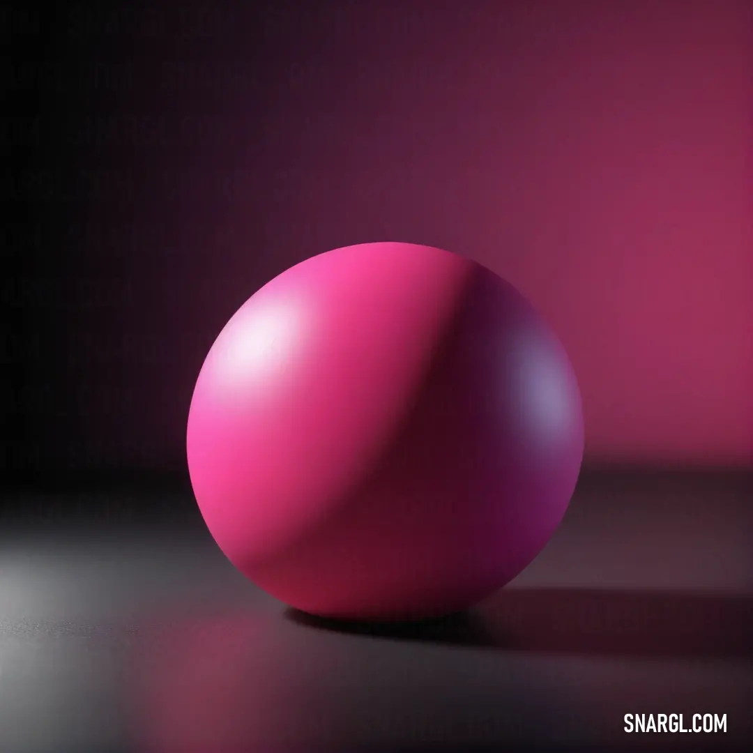 Pink ball on a table in a room with a pink wall behind it and a black floor. Color #FE28A2.