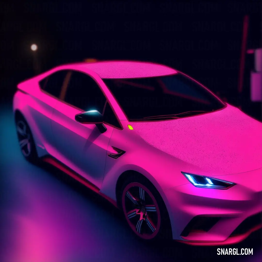 Pink car is parked in a dark room with a neon light on it's side and a parking meter