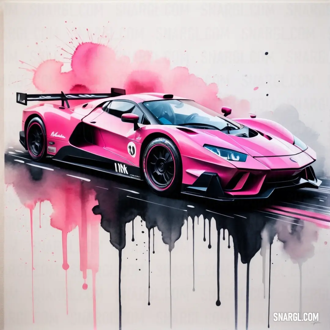 Pink car painted on a white background. Example of RGB 254,40,162 color.