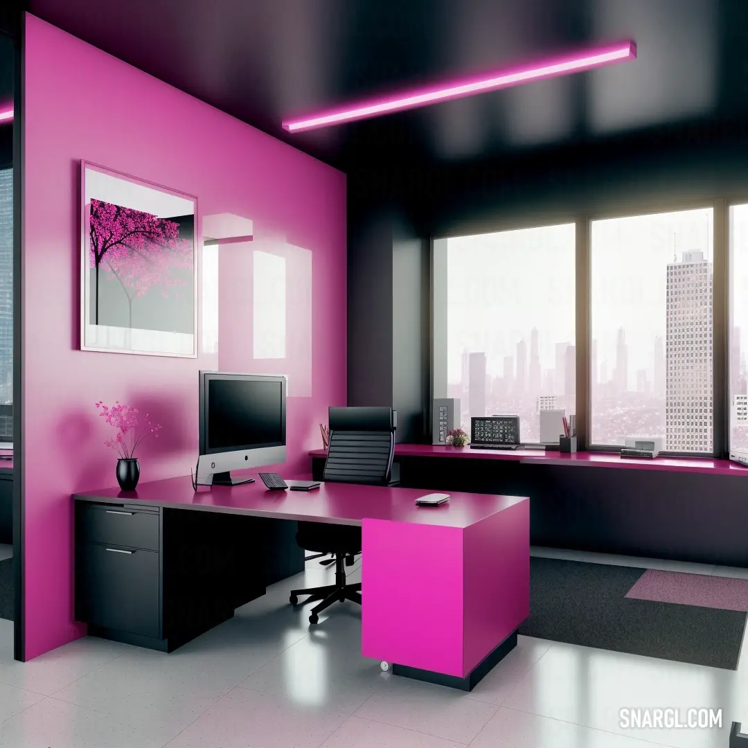 Pink office with a black desk and a pink chair and a window with city view in the background