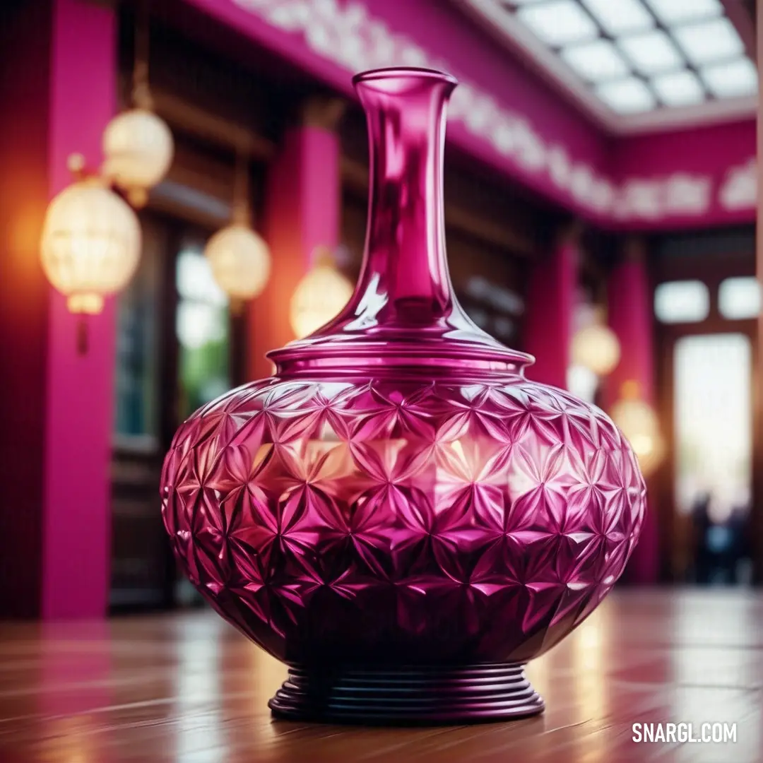 Pink vase on top of a wooden table next to a window with lights on it and a pink wall. Color Persian rose.