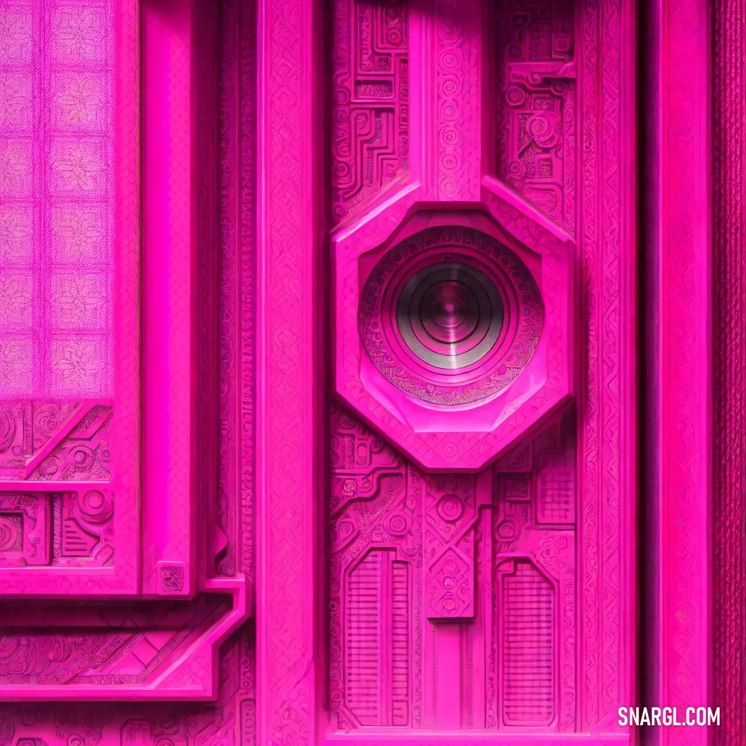 Pink wall with a camera in the middle of it and a pink background with a pattern on it