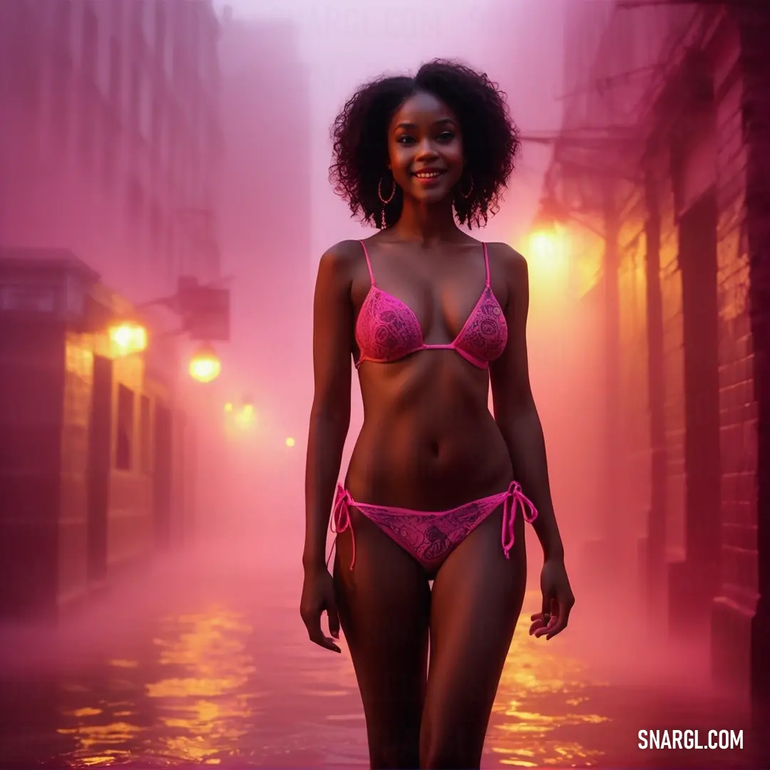 Woman in a bikini standing in a wet street at night with a pink light behind her and a foggy background. Color #FE28A2.