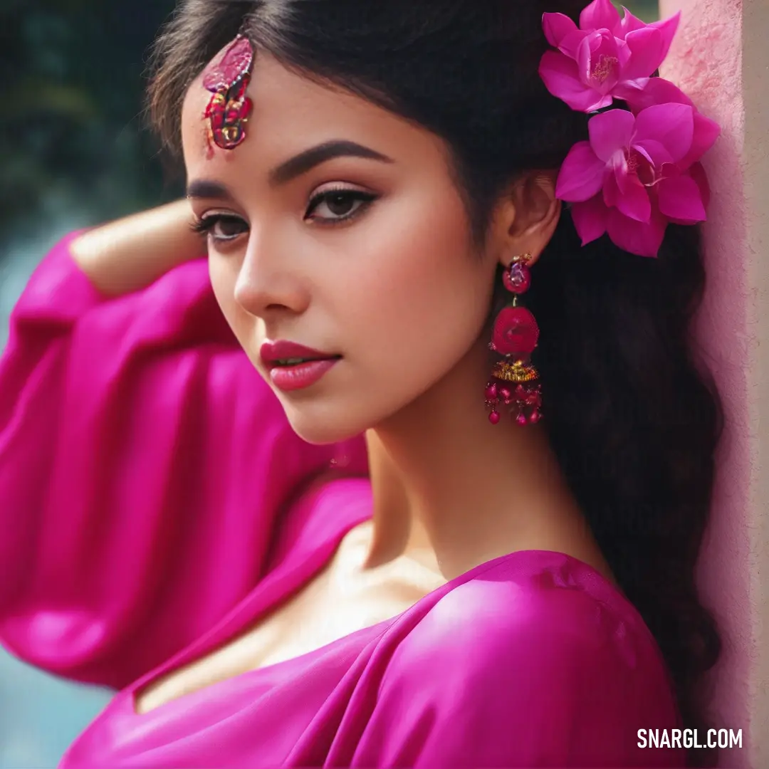 Woman with a pink dress and flower in her hair leaning against a wall. Example of CMYK 0,84,36,0 color.