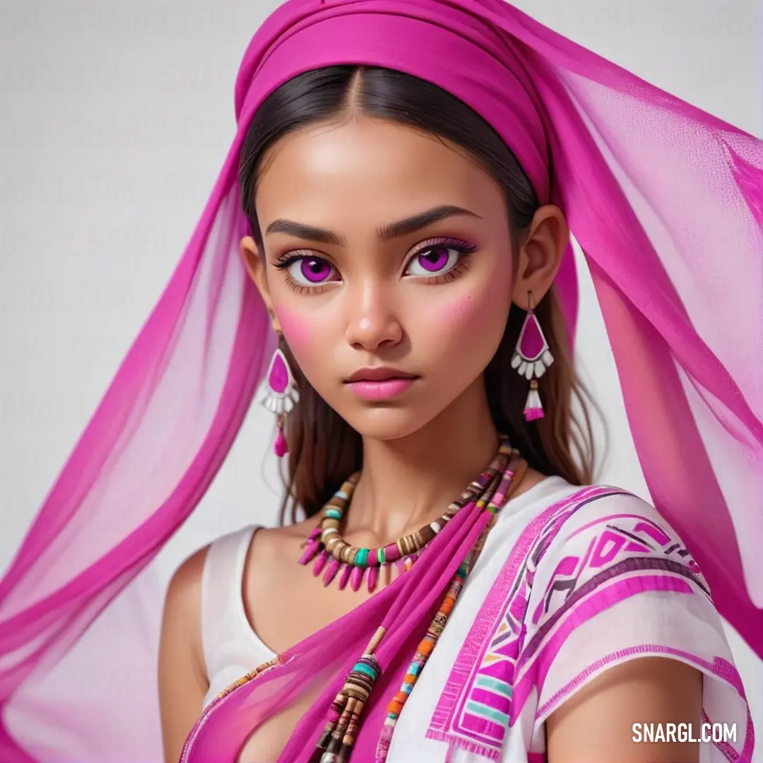 Woman with a pink scarf and jewelry on her head and a pink scarf around her neck. Color RGB 254,40,162.