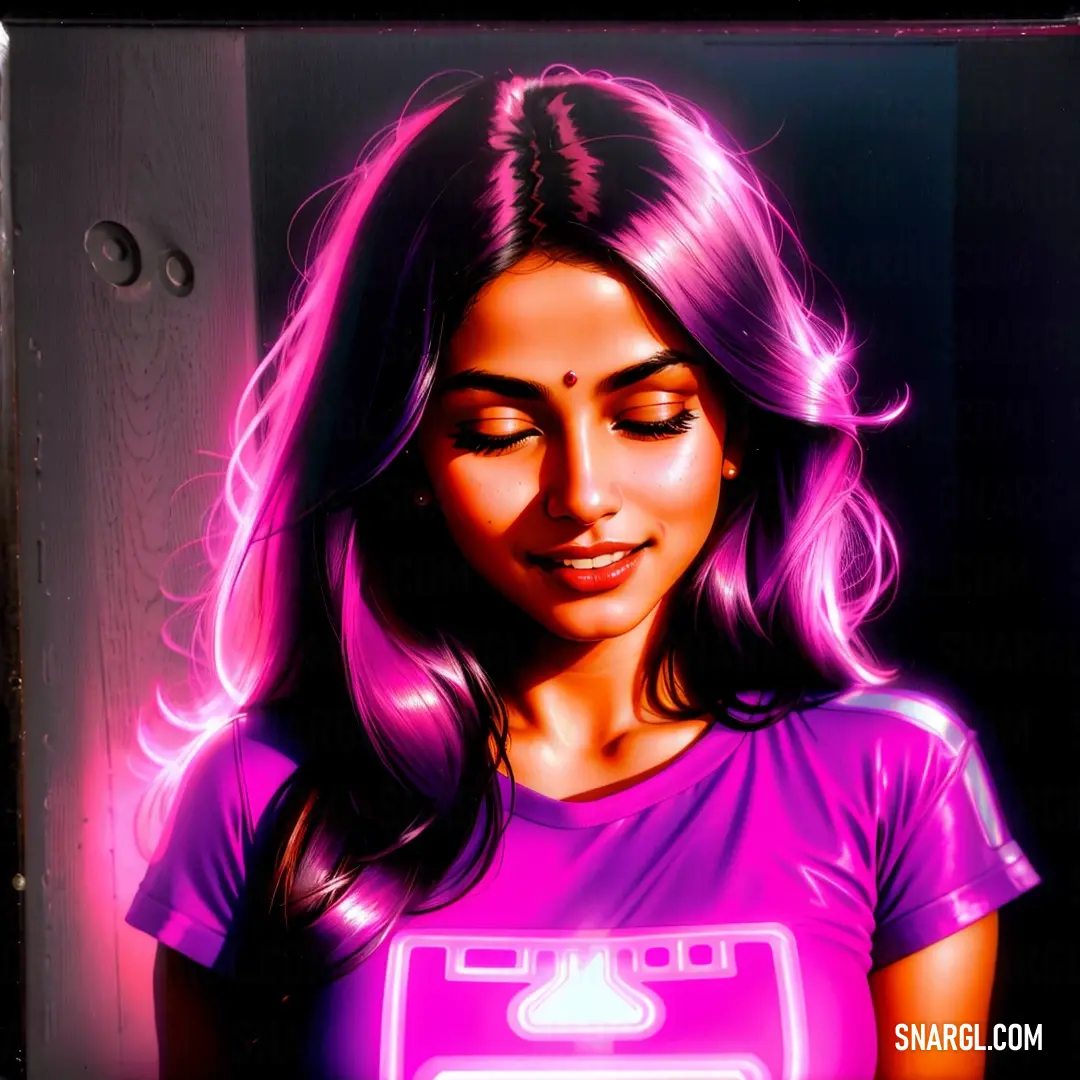 Woman with a pink shirt and a pink light on her chest