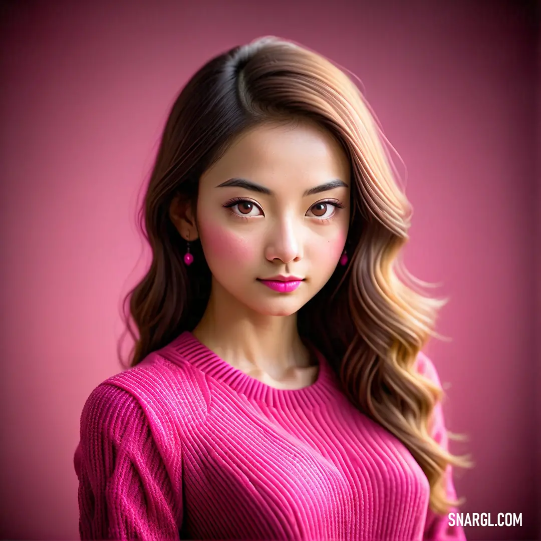 Woman with long hair wearing a pink sweater and earrings,. Example of #FE28A2 color.