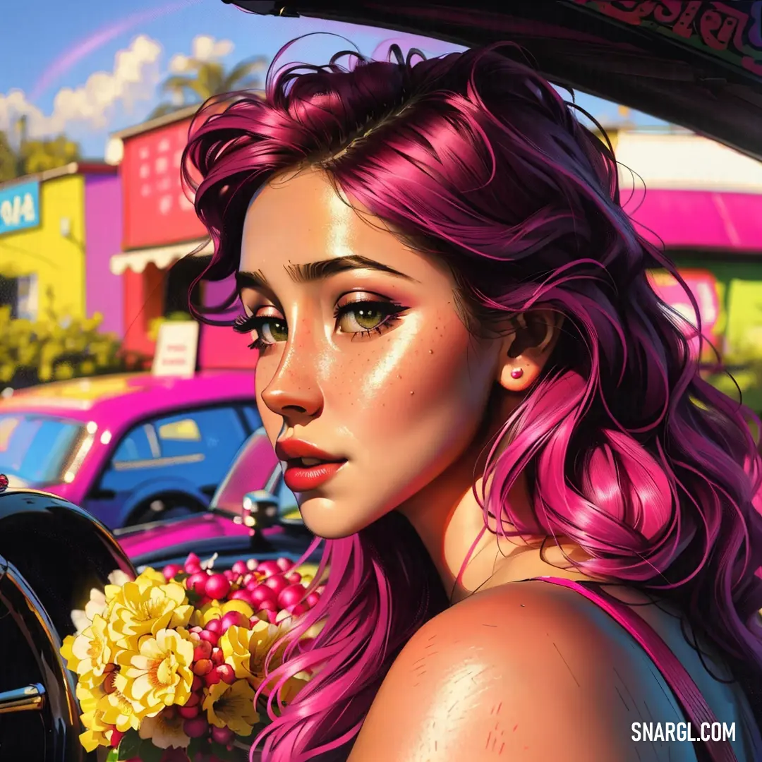 Woman with pink hair and flowers in her hand is in a car with a pink hair