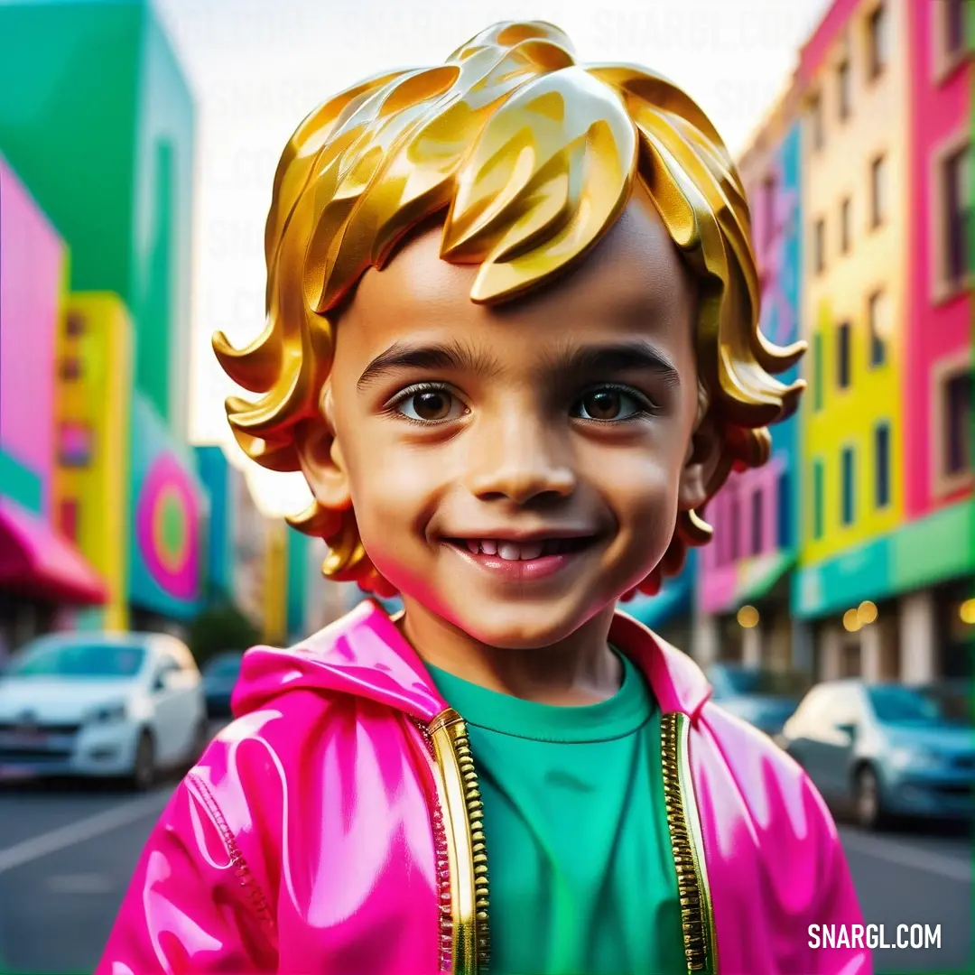 Persian rose color. Young boy in a pink jacket and green shirt standing in front of a street with buildings and cars